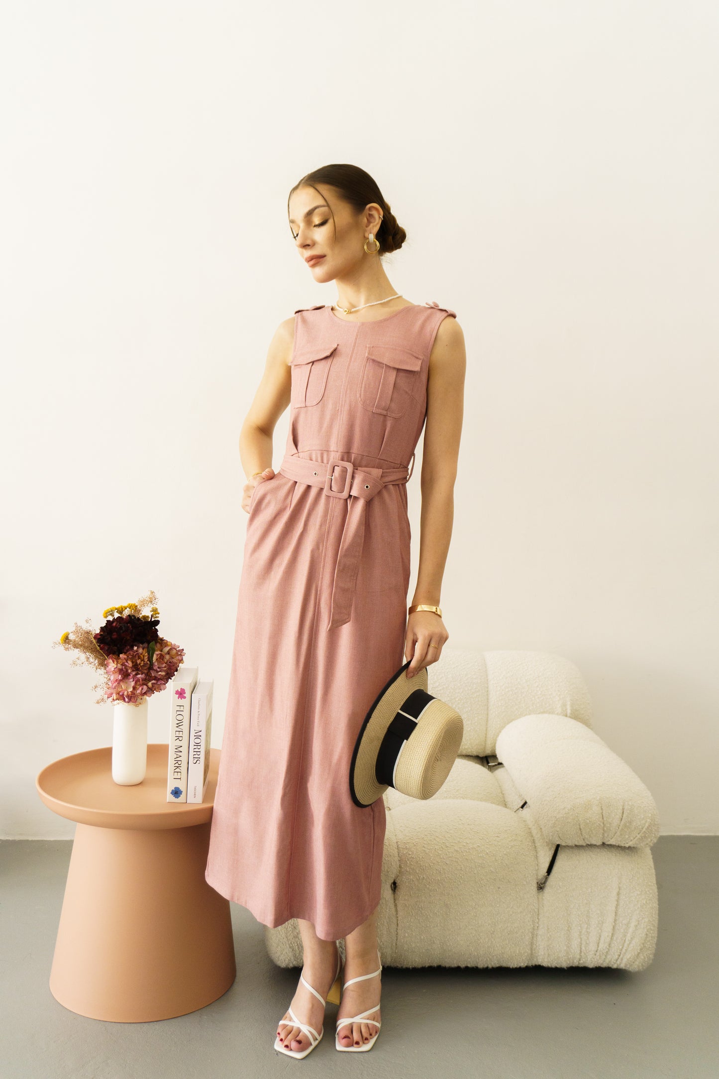 Belted Midi-Dress (Pink)