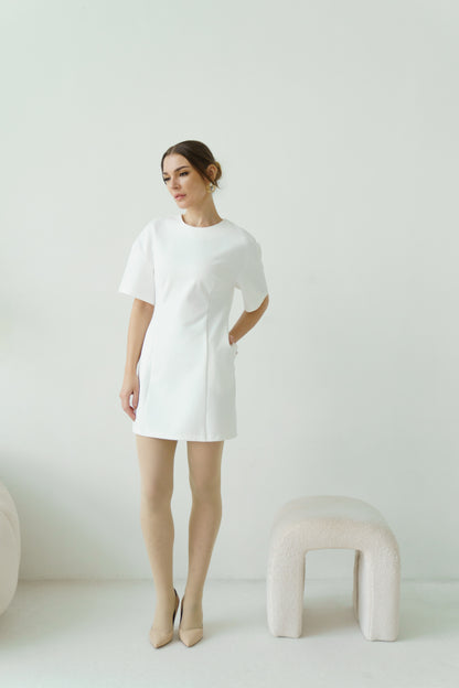 Draped Shoulder Dress (White)