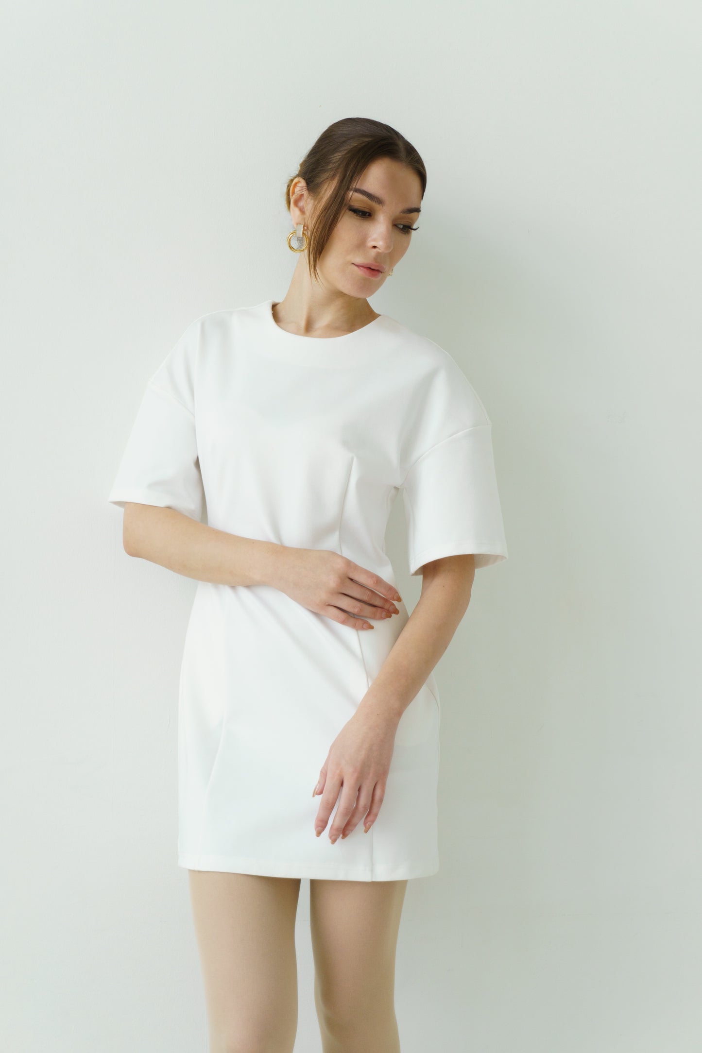 Draped Shoulder Dress (White)