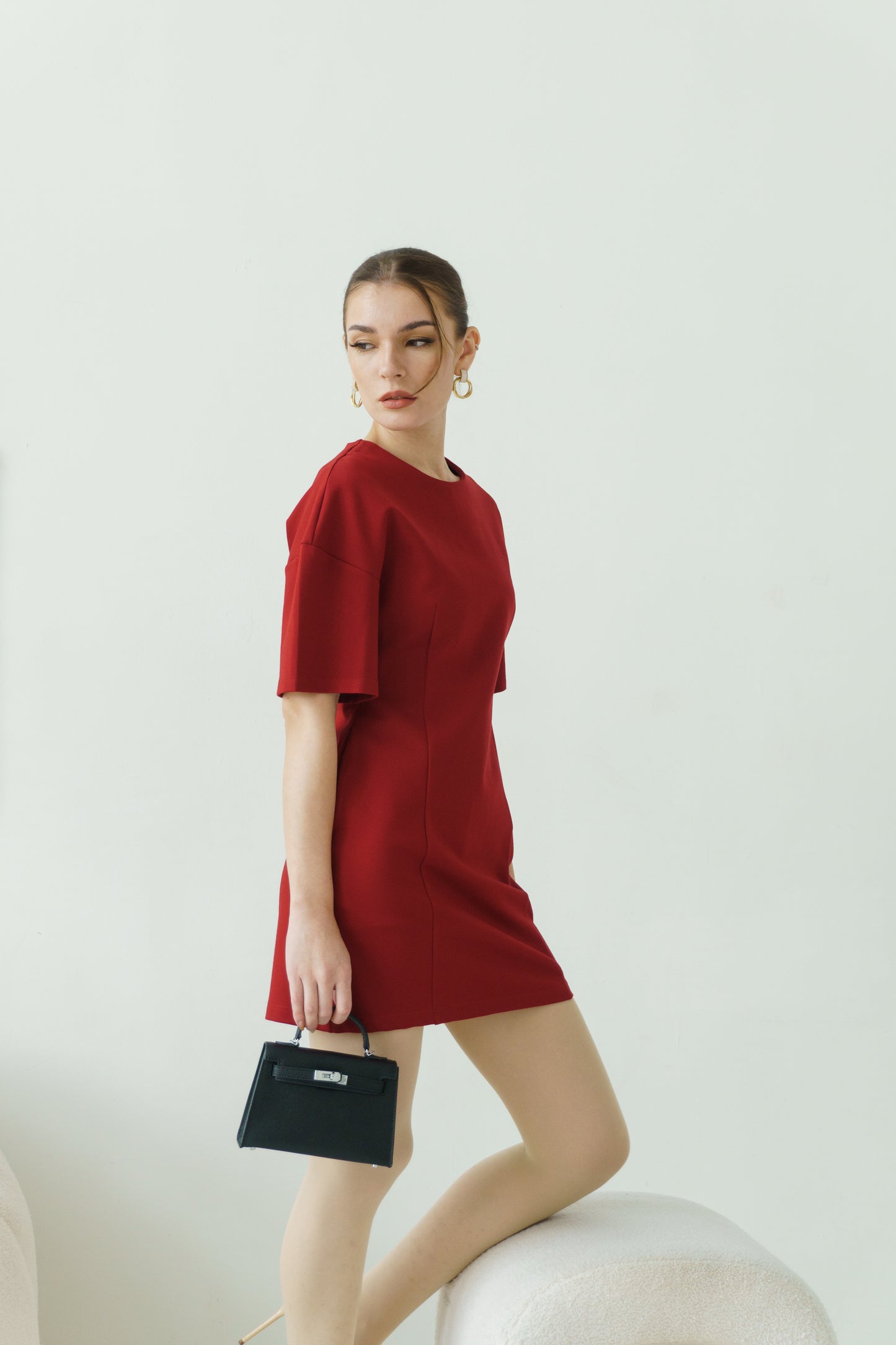 Draped Shoulder Dress (Maroon)