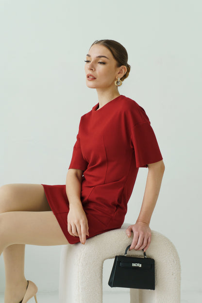 Draped Shoulder Dress (Maroon)