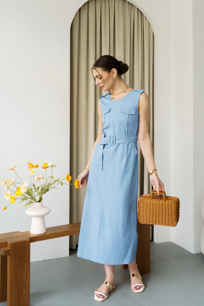 Belted Midi-Dress (Light Blue)