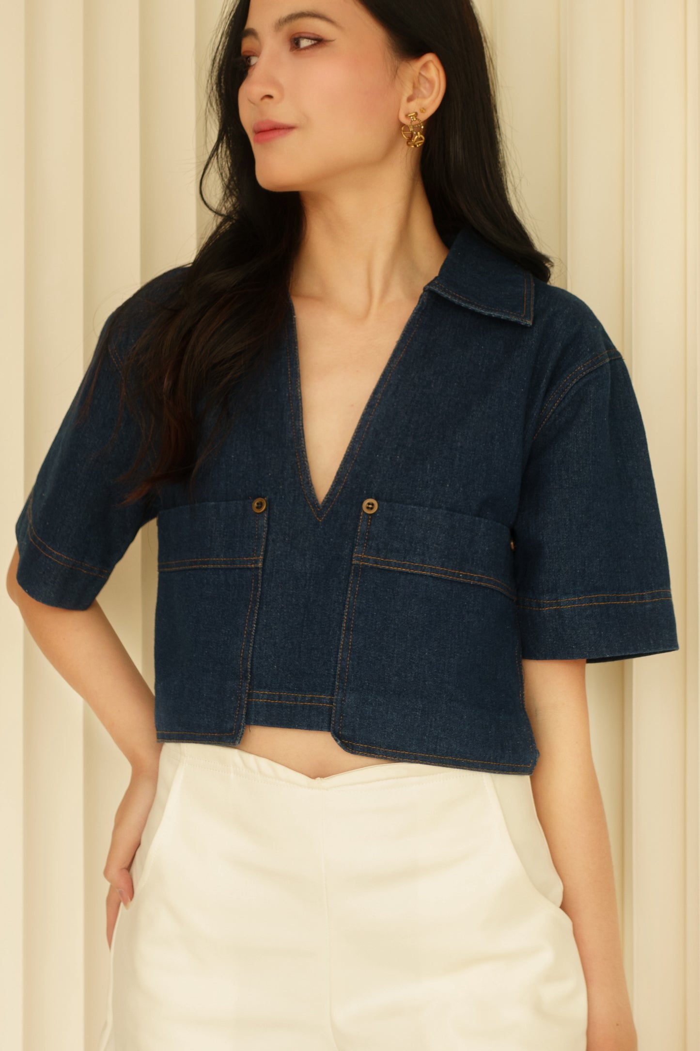 Plunge V-Neck Top (Denim)