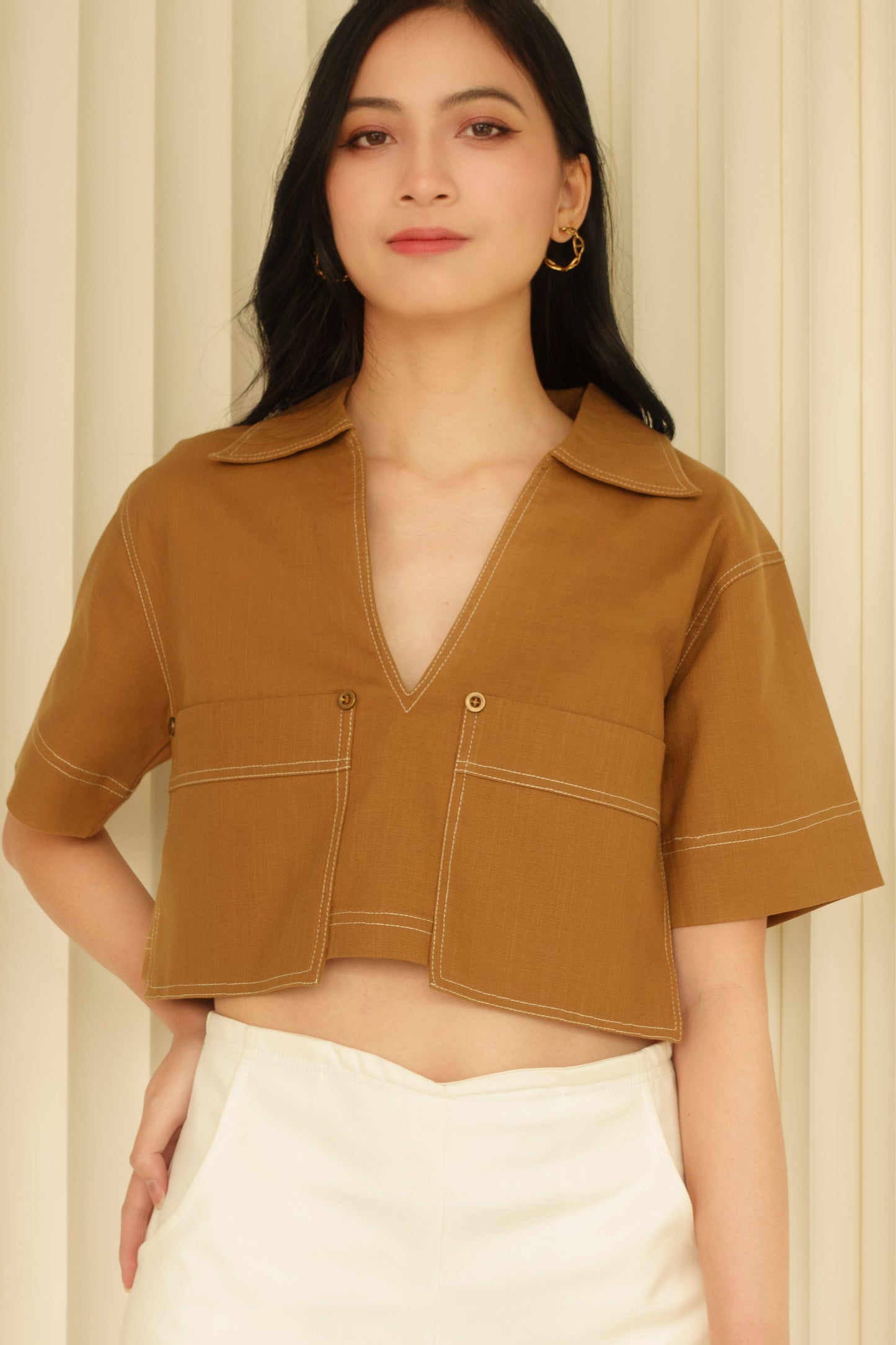 Plunge V-Neck Top (Khaki)