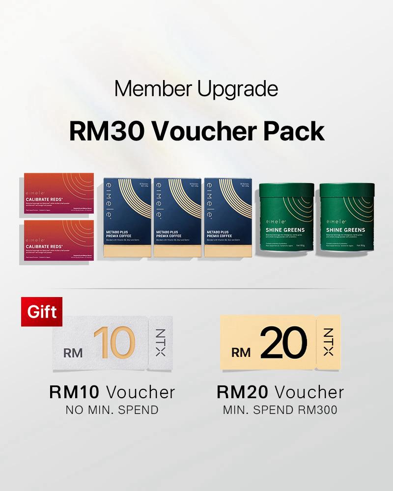 【Member Upgrade】eimele Calibrate Reds*2 packs + Coffee*3 packs + Shine Greens Home Edition*2 tins Free RM30 voucher pack