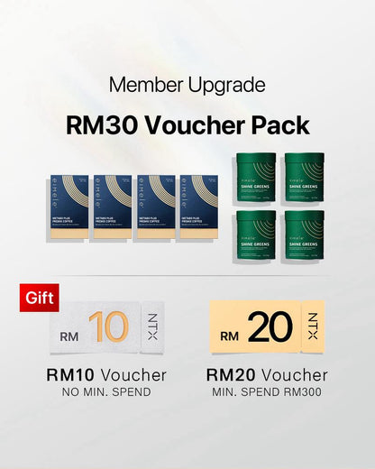 【Member Upgrade】eimele Metabolism Plus Coffee*4 packs + Shine Greens Home Edition*4 tins Free RM30 voucher pack